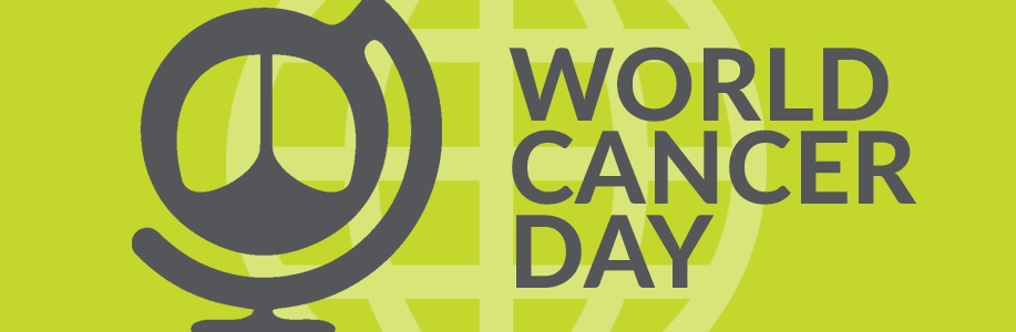 Lime green background with gray globe silhouette and text "world cancer day"