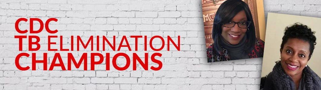 White brick background with text "CDC TB Elimination Champions"
