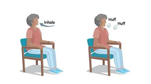 woman sitting in chair breathing in and out