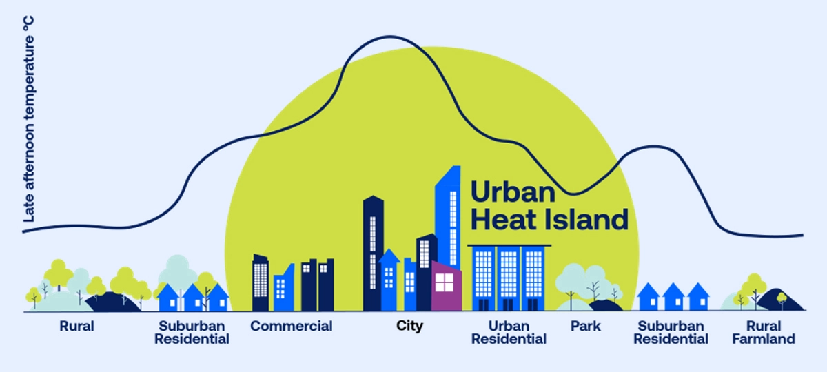 Illustration of rural, suburban, and city spaces with an overlaid line graph depicting the fluctuation in late afternoon temperature for each area.